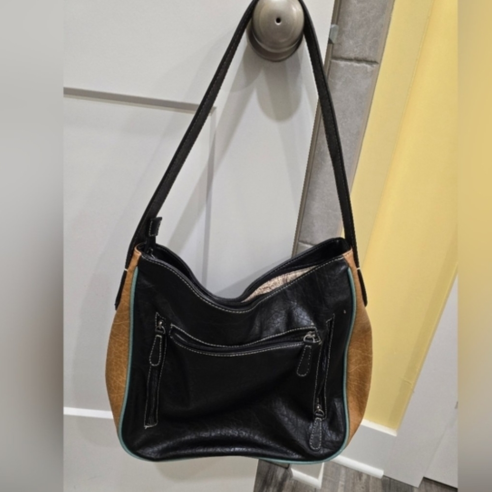 Woman's Black/Brown Leather- Like Purse With Flowers On Handles, Size 21x12x5 - Picture 10 of 12
